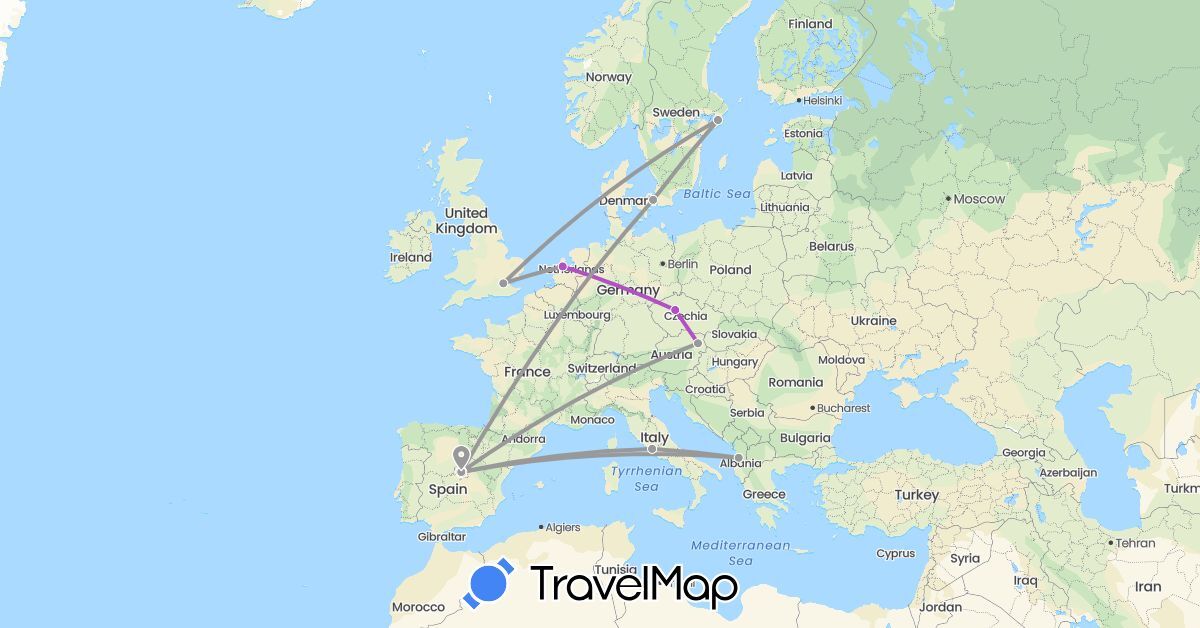 TravelMap itinerary: driving, plane, train in Albania, Austria, Czech Republic, Denmark, Spain, United Kingdom, Italy, Netherlands, Sweden (Europe)